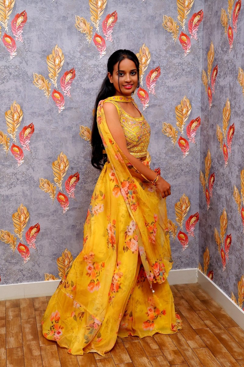 Yellow Lehenga Choli With Floral Print Skirt, Embroidered Blouse, And Dupatta For Women & Girls - Aira Fabrics Designer Studio