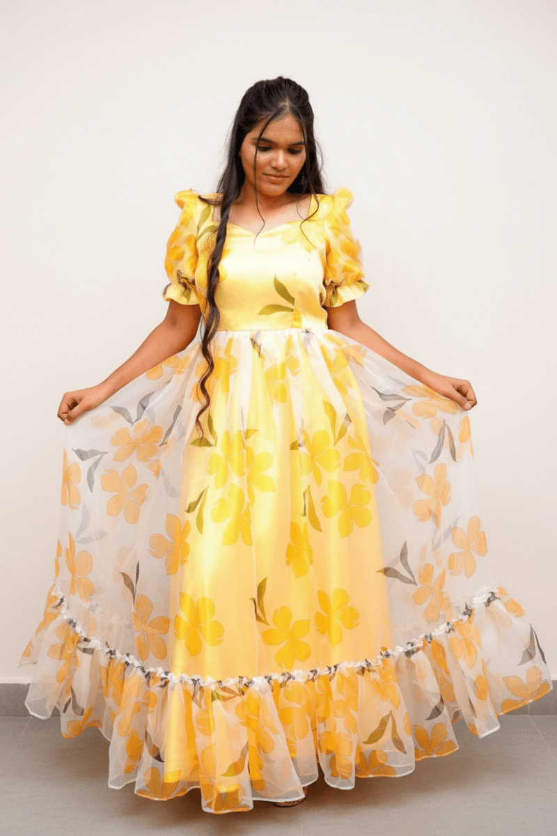 Yellow Maxi Gown With A Floral Design For Women & Girls - Aira Fabrics Designer Studio