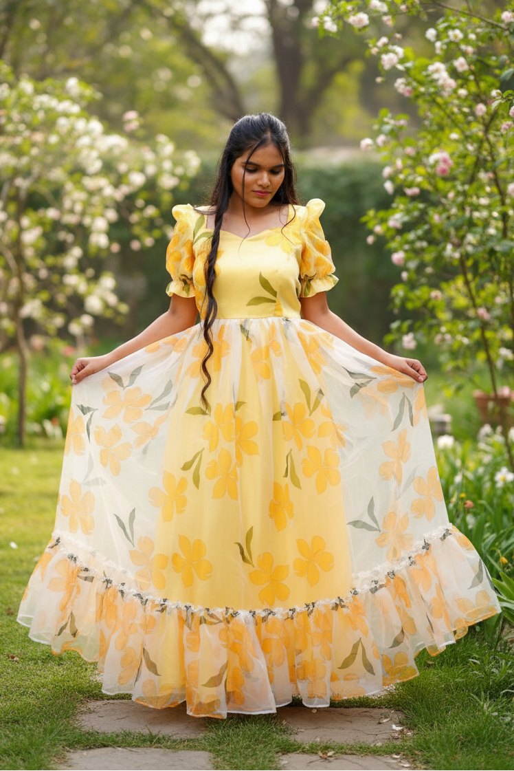 Yellow Maxi Gown With A Floral Design For Women & Girls - Aira Fabrics Designer Studio