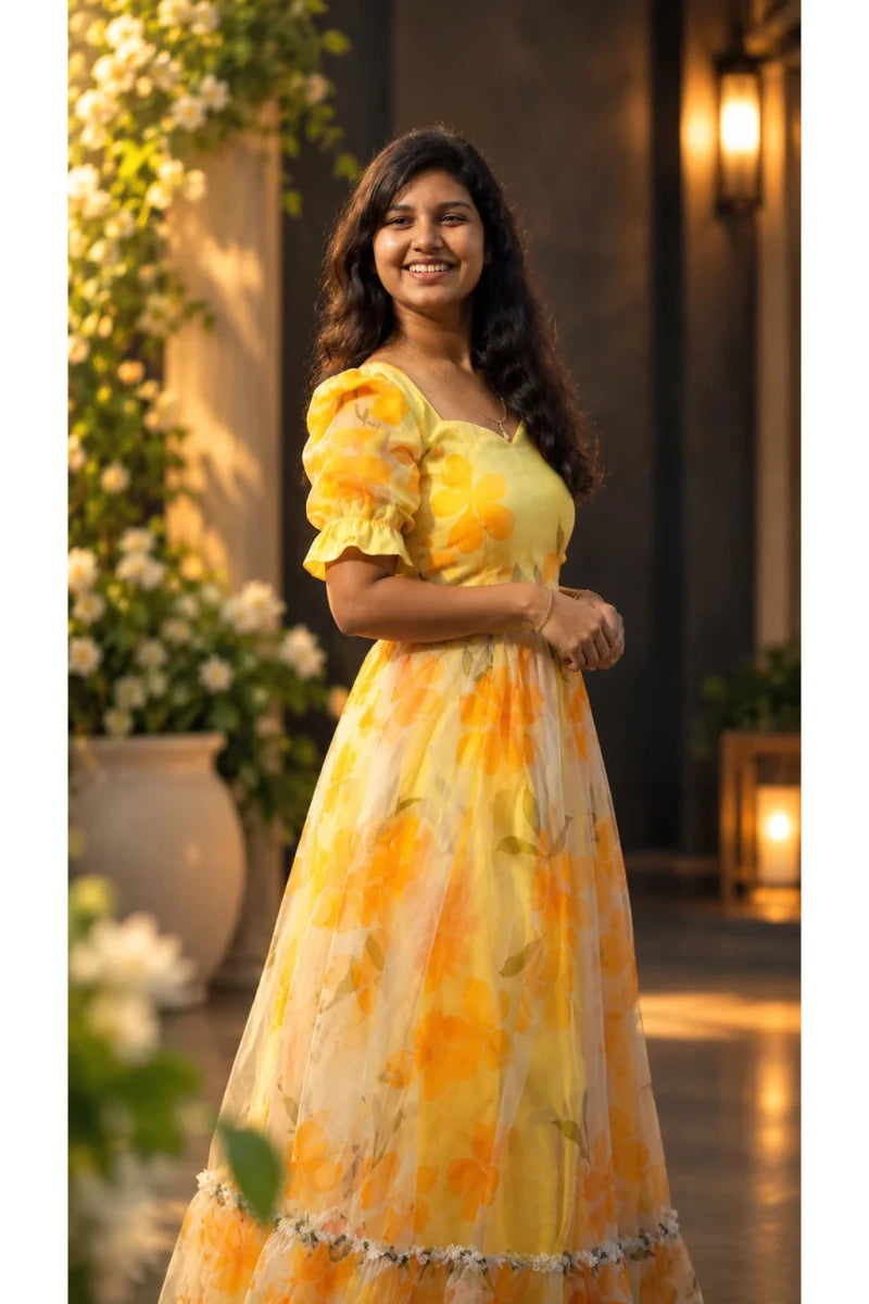 Yellow & Orange Floral Organza Long Frock with Puff Sleeves and Lace Tier for Women - Aira Fabrics Designer Studio