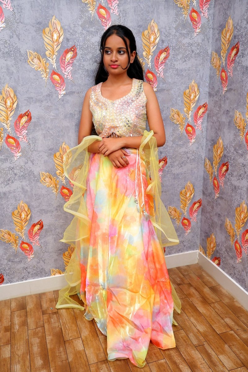Yellow & Orange Lehenga Choli With A Net Dupatta For Women & Girls - Aira Fabrics Designer Studio