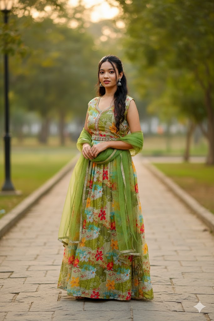 Light Green Floral Printed Lehenga For Women & Girls