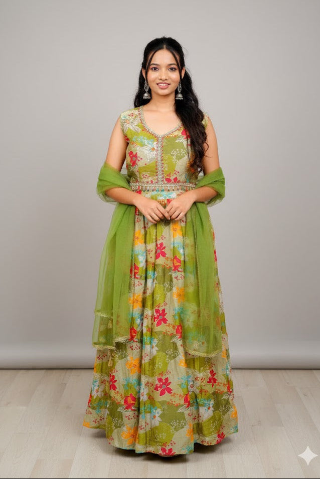 Light Green Floral Printed Lehenga For Women & Girls