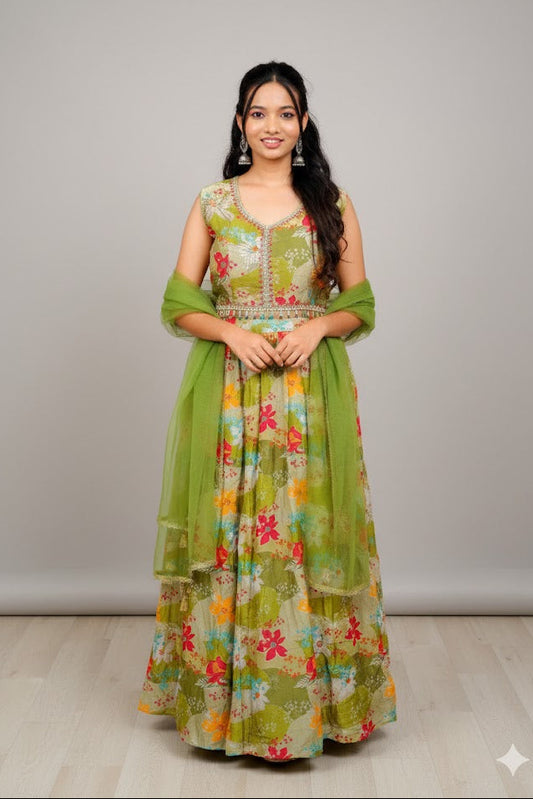 Light Green Floral Printed Lehenga For Women & Girls