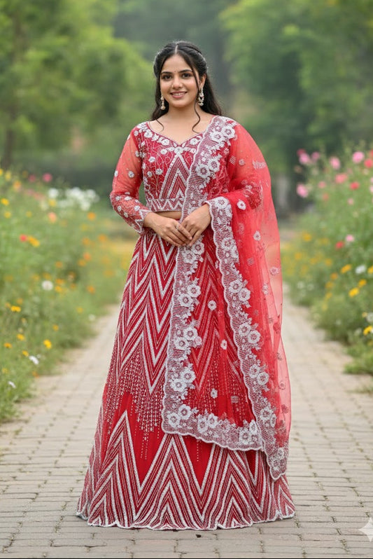 Red Lehenga Choli With Floral Motifs, Geometric Shapes, And Chevron Pattern For Women & Girls
