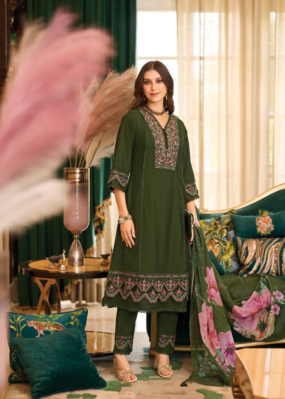Dark Mehendi Green Roman Silk A Line Kurti With Cotton Laning For Women