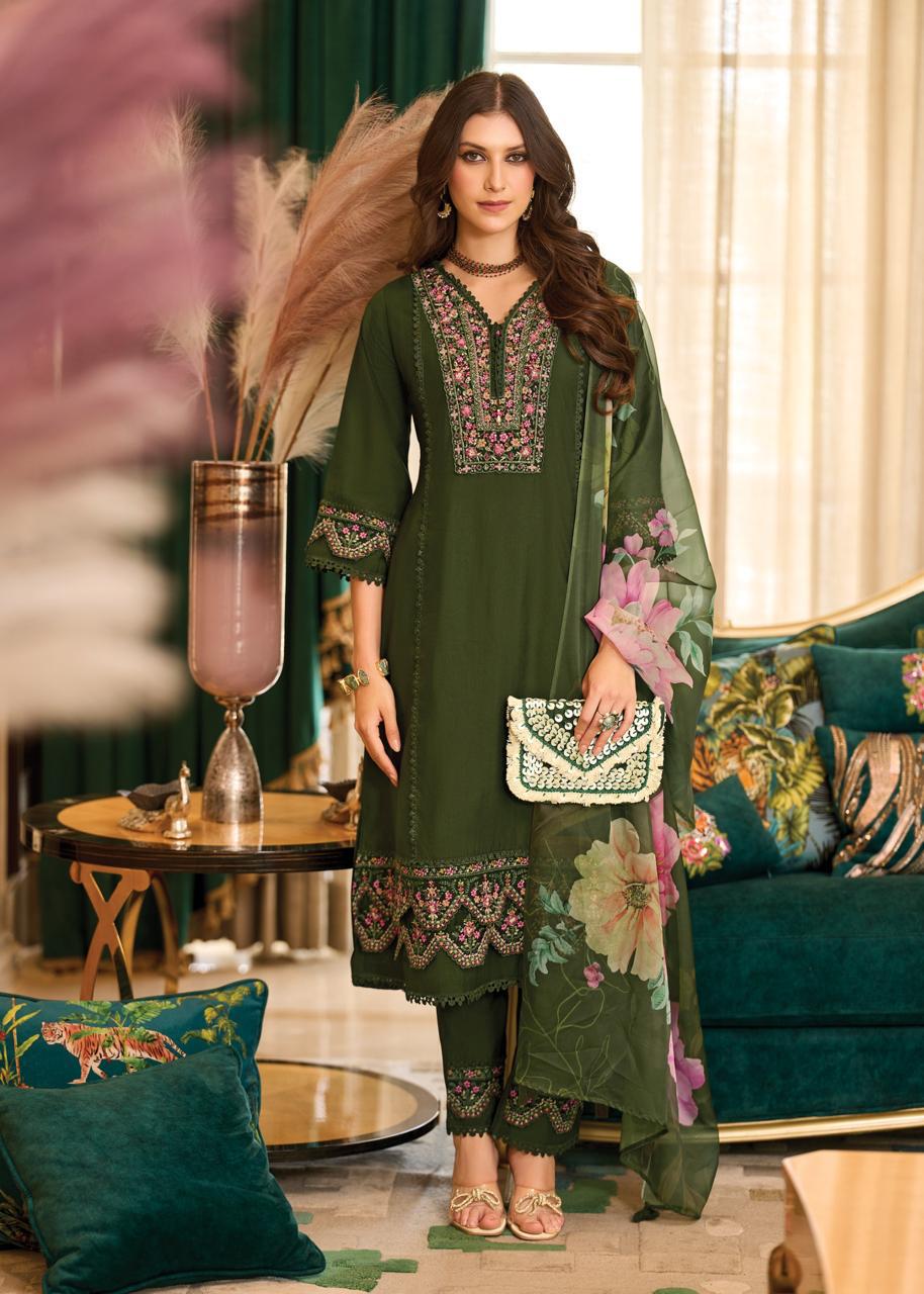 Dark Mehendi Green Roman Silk A Line Kurti With Cotton Laning For Women